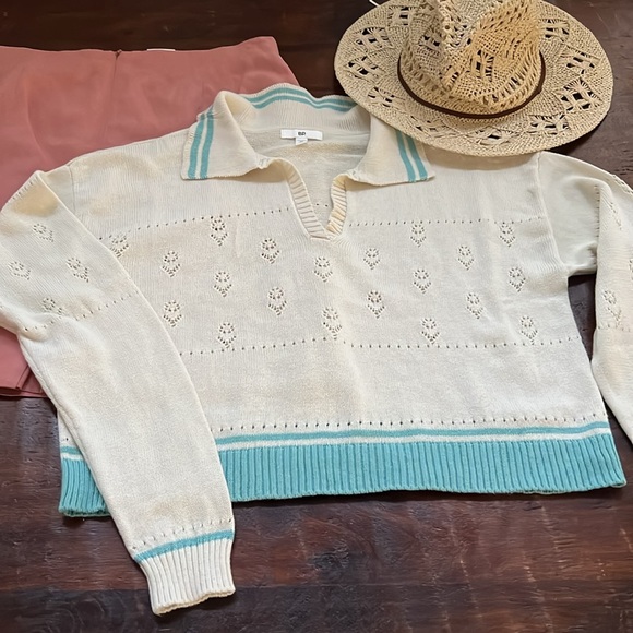 BP. by Nordstrom Cotton Pointelle Polo Crop Sweater Ivory Blue Contrast Trim M - Picture 7 of 10